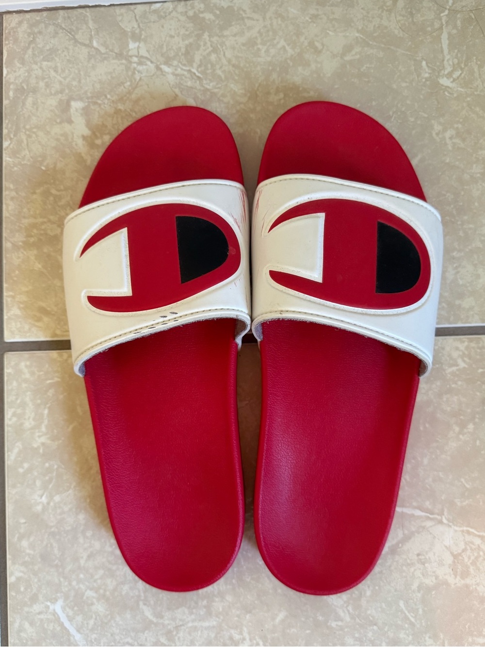 Champion Red & White Kids Slide Sandals with Black Logo